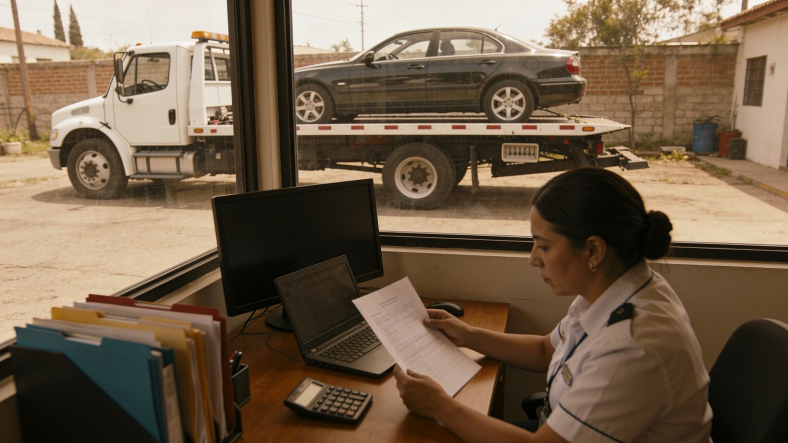 Administradora de una empresa de grúas revisa una factura en su oficina, con una grúa de plataforma afuera