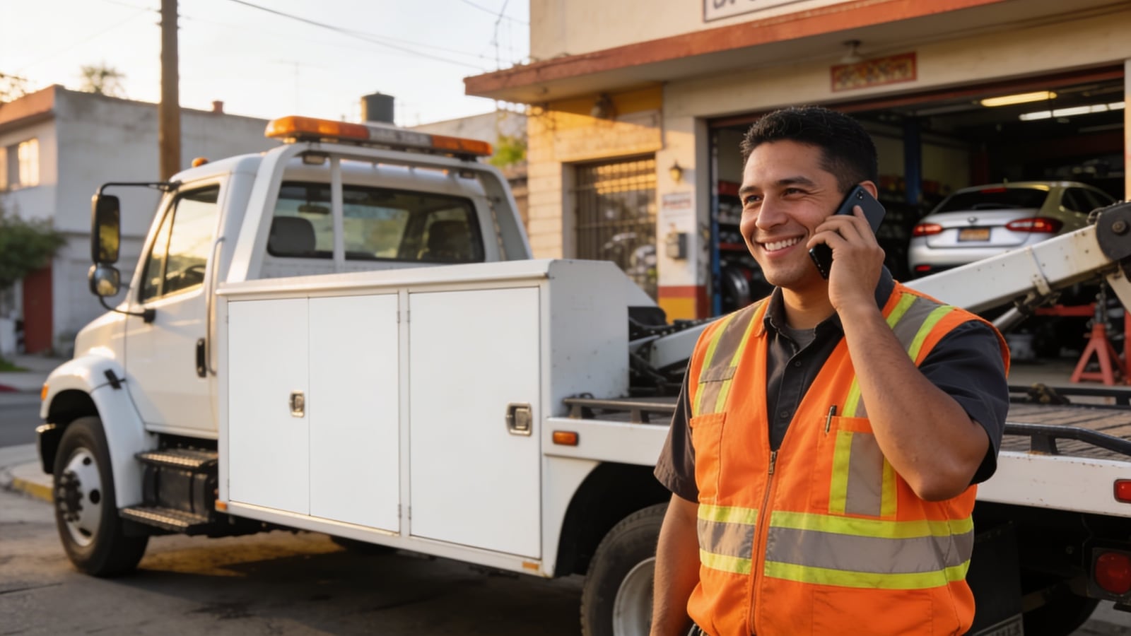 Operador de grúa hablando por teléfono junto a su grúa de plataforma frente a un taller mecánico
