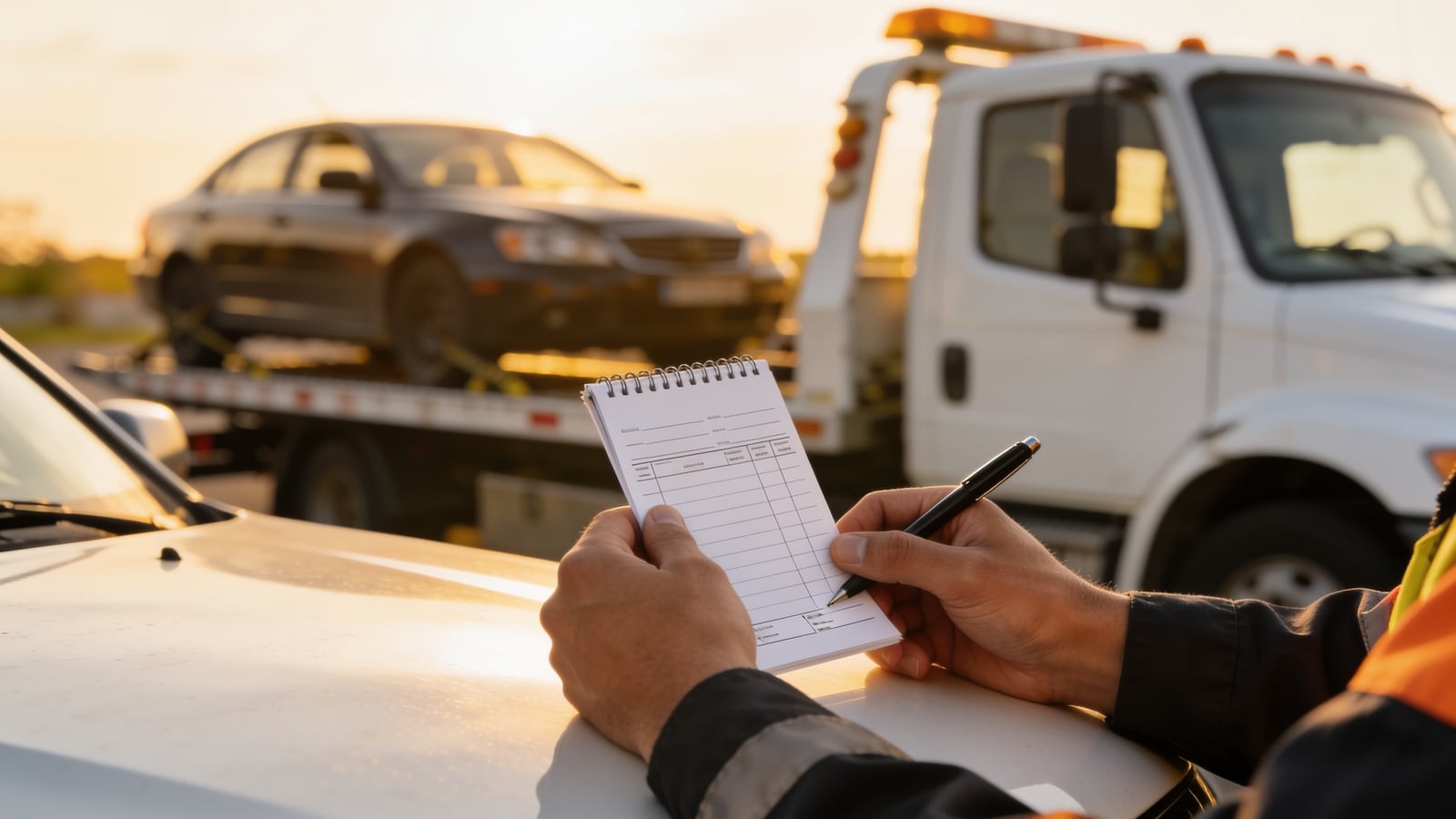 Operador de grúa llenando un talonario de folios de arrastre sobre el cofre de su unidad, con un auto cargado en la plataforma al fondo