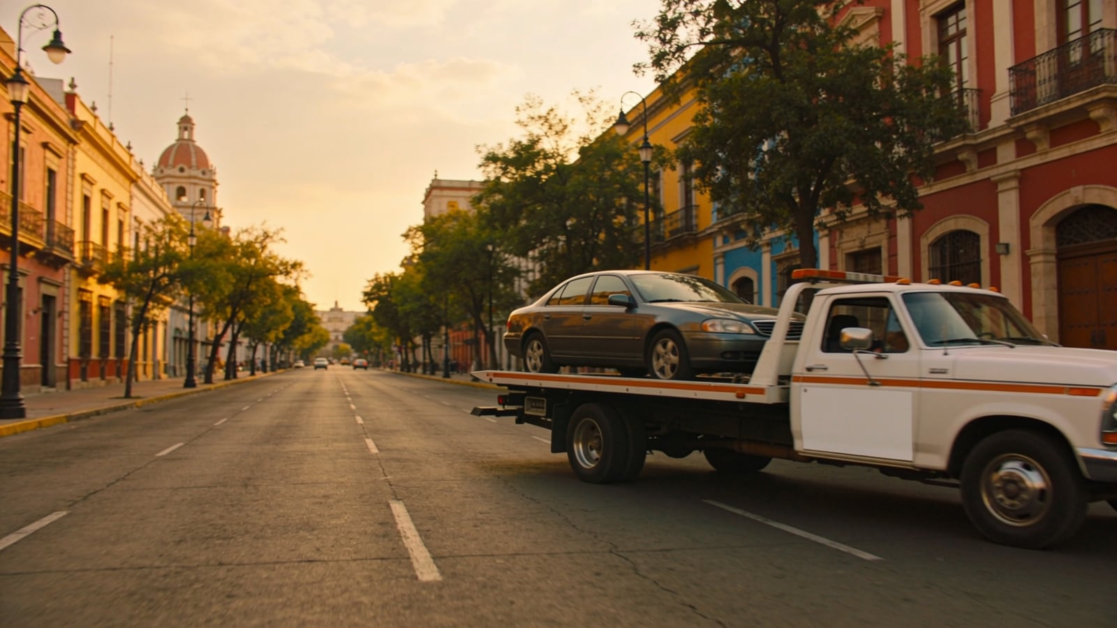 Grúa de plataforma con un auto a bordo circulando por una avenida del centro de Guadalajara
